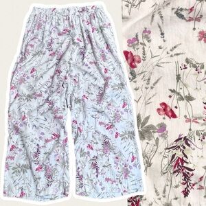 Sigrid Olsen linen floral cropped ankle pants elastic pull on waist wide leg y2k